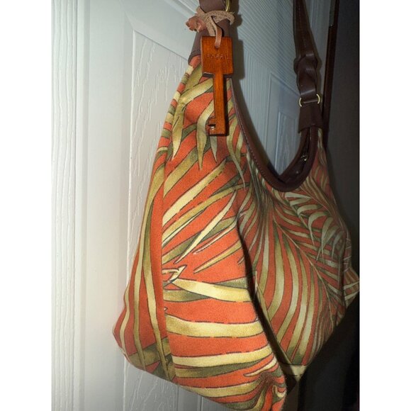 Fossil Caluso Top Zip Shoulder Bag With A Rust & Green Palm Leaf Print - Picture 5 of 14